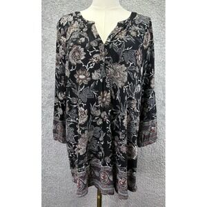 Lucky Brand Womens 2X Floral Tunic Black V Neck Viscose Peasant Boho Plus Size